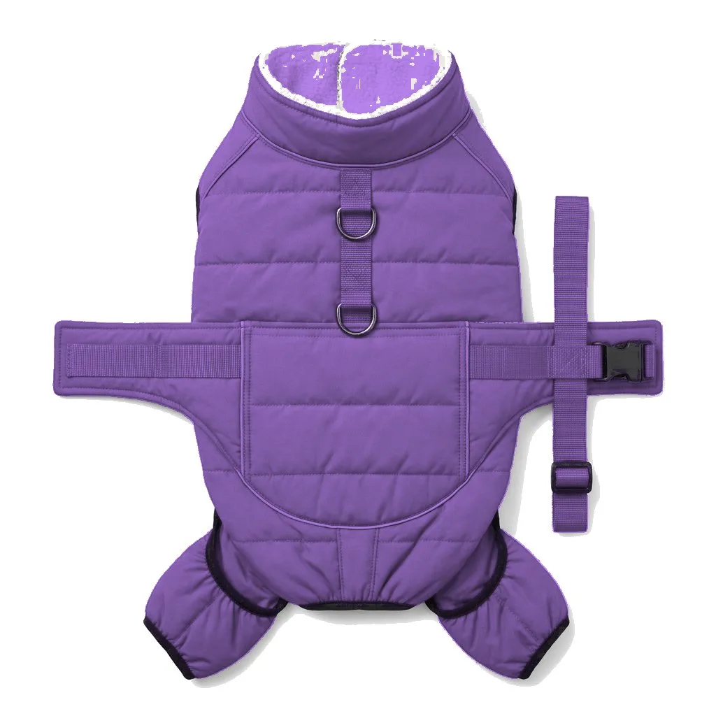 Lavender Dog Padded Walking Coat with Harness flat lay — wholesale pet apparel, design render