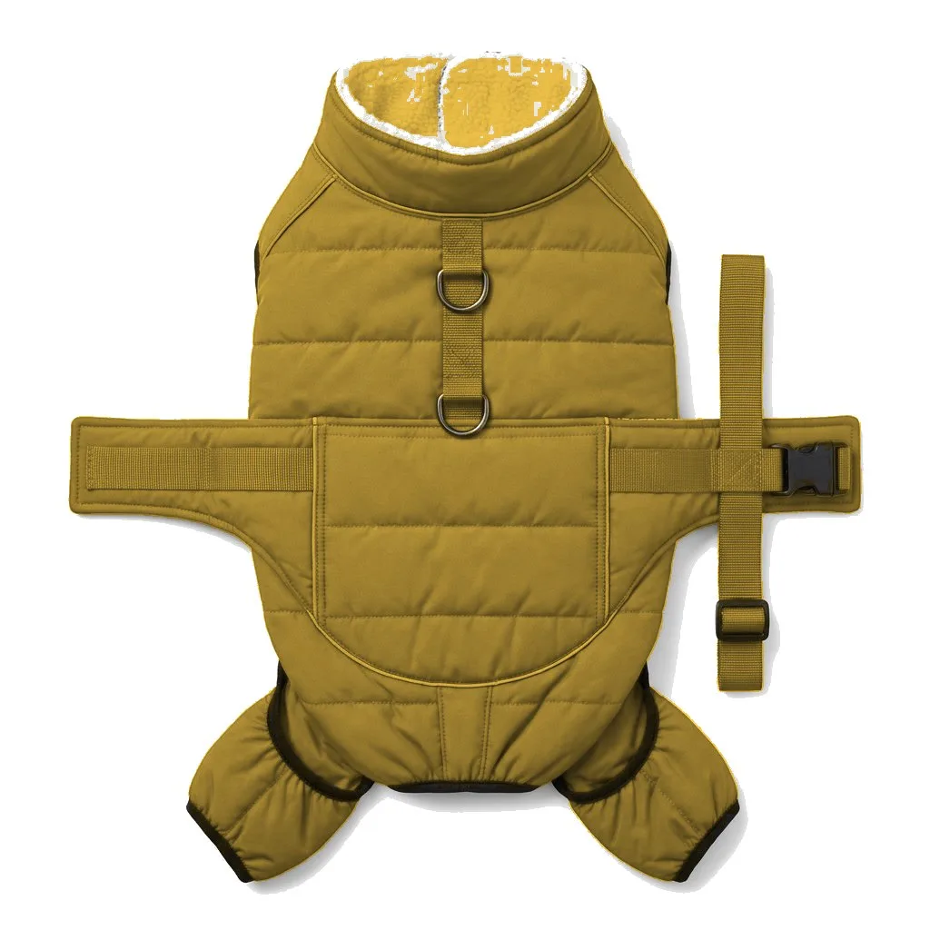 Mustard Dog Padded Walking Coat with Harness flat lay — wholesale pet apparel, design render