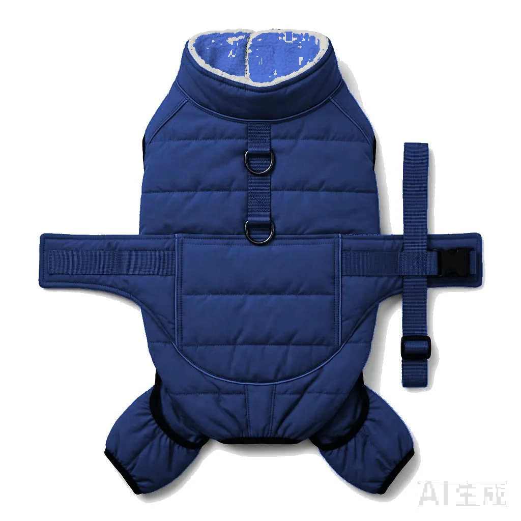 Navy Dog Padded Walking Coat with Harness flat lay — wholesale pet apparel, design render