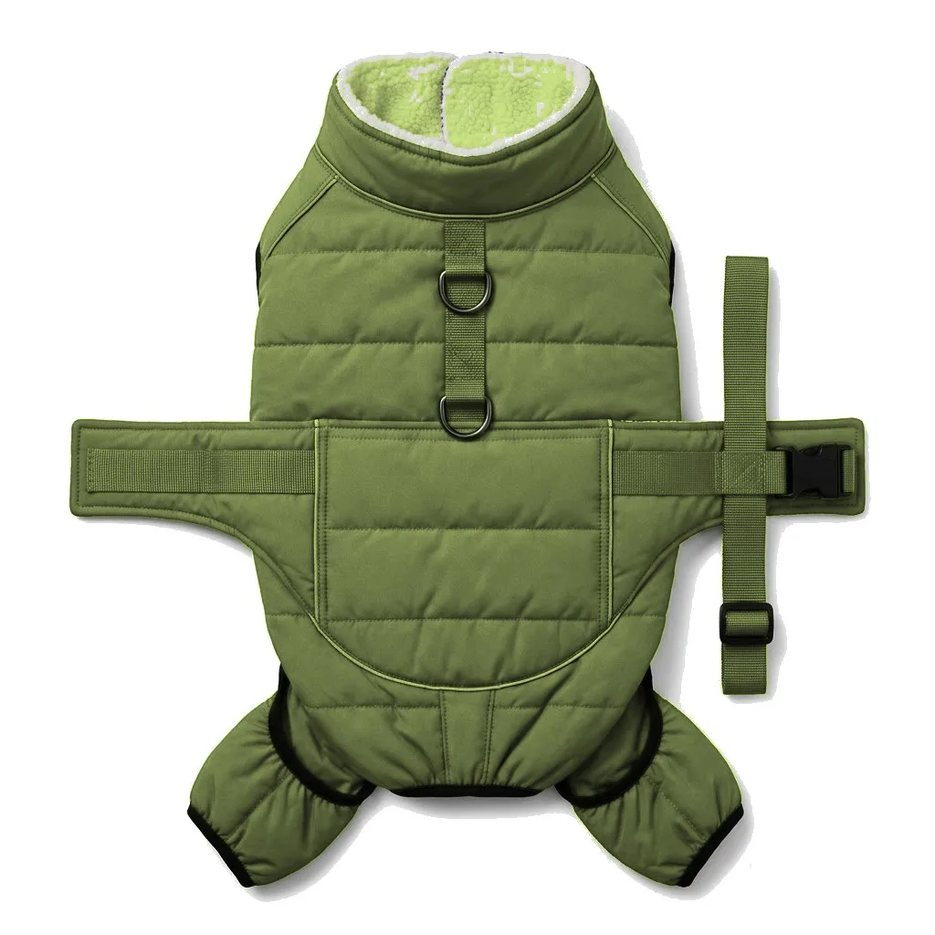 Olive Dog Padded Walking Coat with Harness flat lay — wholesale pet apparel, design render