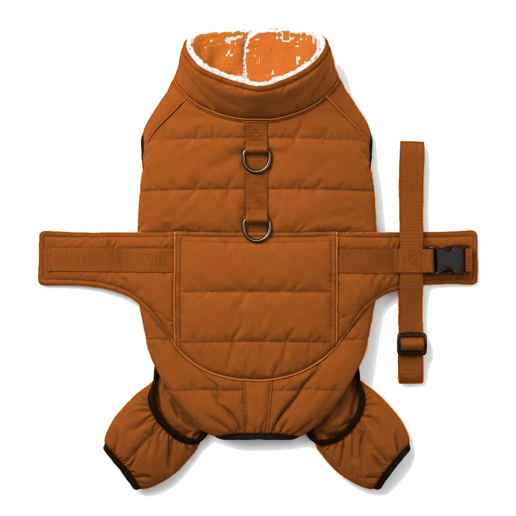Orange Dog Padded Walking Coat with Harness flat lay — wholesale pet apparel, design render