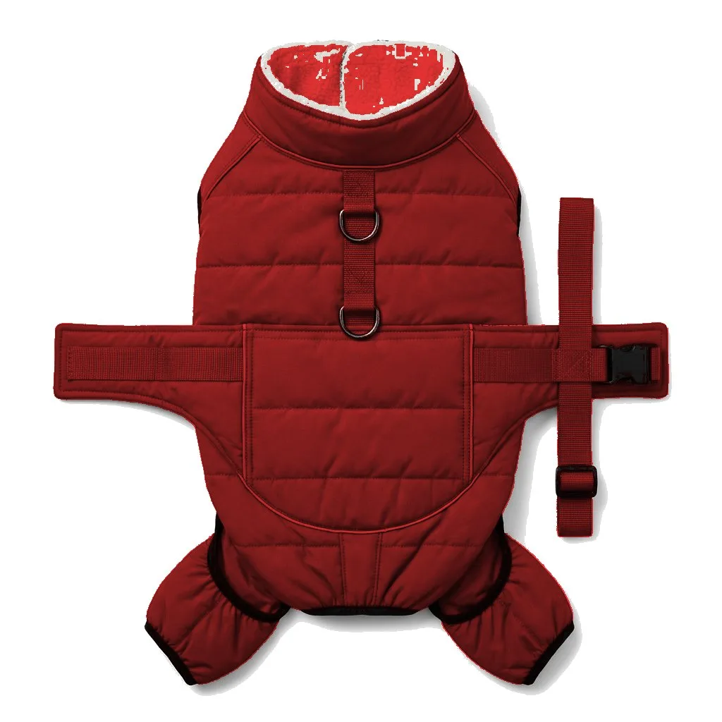 Red Dog Padded Walking Coat with Harness flat lay — wholesale pet apparel, design render