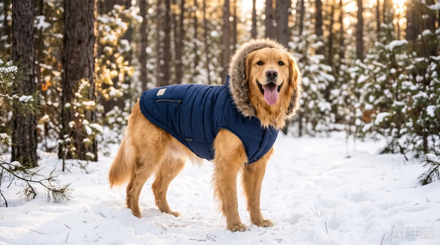Golden retriever wearing a wholesale quilted dog puffer parka in snow