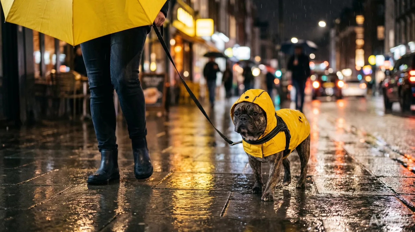 French bulldog wearing a yellow wholesale dog raincoat walking in the city